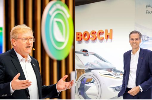 Die Bosch-Geschäftsführer Stefan Hartung (links) und Markus Heyn freuen sich über die große Nachfrage nach E-Autos. Foto: Bosch/Martin  Stollberg