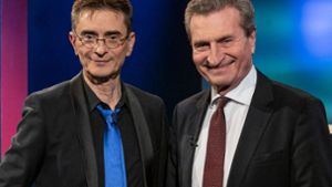 Günther Oettinger  (rechts) /übt in der Show von Mathias Richling scharfe Kritik an seiner Partei in Thüringen. Foto: SWR