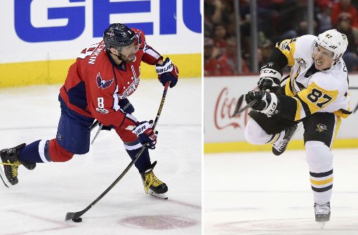 Showdown der Superstars: Alexander Owetschkin (links) spielt mit den Washington Capitals gegen Sidney Crosby und die Pittsburgh Penguins. Foto: AP