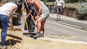 Mit vereinten Kräften wird das Getreide auf der Straße eingesammelt. Foto: SDMG/SDMG / Dettenmeyer