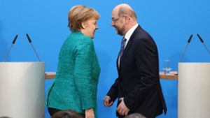 Angela Merkel hat alles versucht, die verunsichert maulende SPD  bei Laune zu halten, Martin Schulz hat weder  die Kraft noch die  Autorität, länger an der Spitze einer  Partei zu stehen. Foto: dpa