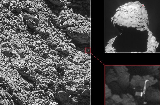Die Fotos der Raumsonde Rosetta vom 5. September 2016 zeigen den Landeroboter Philae (kl. Bild re. unten), der auf dem Kometen Tschurj (Bild re. oben, kleiner roter Punkt) 			-		in einer kleinen Felsspalte eingeklemmt ist (gr. Bild). Foto: dpa