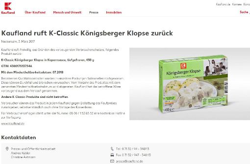 Nach einem Salmonellen-Fund ruft die Supermarktkette Kaufland tiefgefrorene Königsberger Klopse seiner Discountmarke „K-Classic“ zurück. (Symbolbild) Foto: Kaufland.de