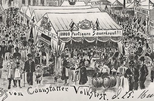 Eine Wasen-Attraktion vor fast 100 Jahren waren „10 000 Portionen Sauerkraut“. In einem Zelt traten „Kameruner“ auf. Kamerun war bis zum Ende des Ersten Weltkriegs eine deutsche Kolonie. Foto: Sammlung