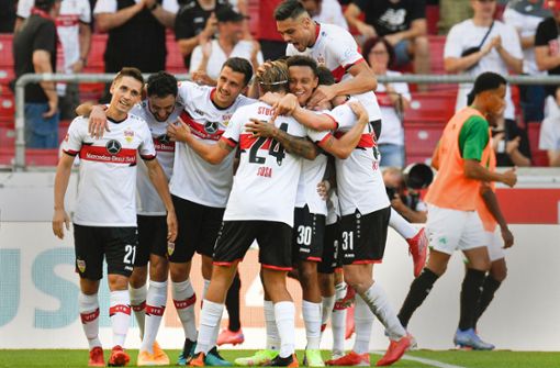 Die Mannschaft des VfB Stuttgart hat allen Grund zur Freude. Foto: AFP/THOMAS KIENZLE