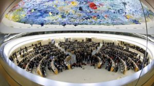Eine Sitzung des Menschenrechtsrats am europäischen Hauptsitz der Vereinten Nationen in Genf. Foto: Salvatore Di Nolfi/Keystone/dpa