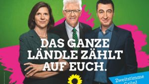 Mit Schwaben-Power gehen die Grünen in Berlin auf Stimmenfang. Die Spitzenkandidaten Katrin Göring Eckardt und Cem Özdemir posieren zusammen mit Ministerpräsident Winfried Kretschmann (Mitte).  Foto: Grüne