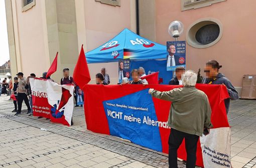 Anti-AfD-Banner vor einem Wahlkampfstand: Die AfD im Kreis Ludwigsburg beklagt sich über Zwischenfälle wie diese. Foto: AfD Kreis LB