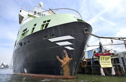 Die „Margiris“ im Jahr 2012 kurz vor dem Aufbruch nach Australien. Damals blockierten Umweltaktivisten das Schiff. Foto: dpa/Olaf Kraak