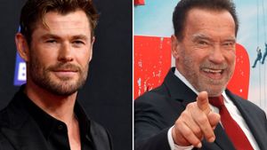 Chris Hemsworth (l.) traf Vorbild Arnold Schwarzenegger. Foto: imago images/AAP / AdMedia/ImageCollect