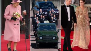 Bilder eines Jahres (von links): Seit Neuestem benutzt Queen Elizabeth II. einen Stock. Abschied von Prinz Philip. Herzogin Kate in einem Kleid, das jedes Bond-Girl neidisch machen würde. Foto: Imago/Zuma Press