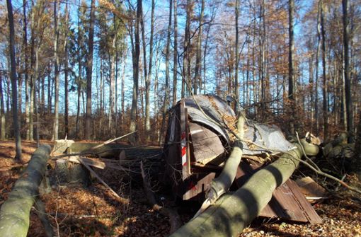 Im Zuge der mutwilligen Baumfällungen ist bei Leonberg-Höfingen ein Waldarbeiterwagen zerstört worden Foto: Polizei Ludwigsburg