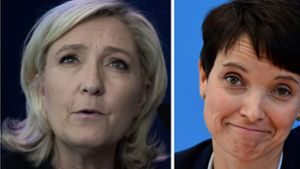 Treffen in Koblenz auf einer Veranstaltung europäischer Rechtspopulisten aufeinander: Die Präsidentschaftskandidatin der rechtsextremen französischen Partei Front National, Marine Le Pen (links), und AfD-Chefin Frauke Petry. Foto: AFP