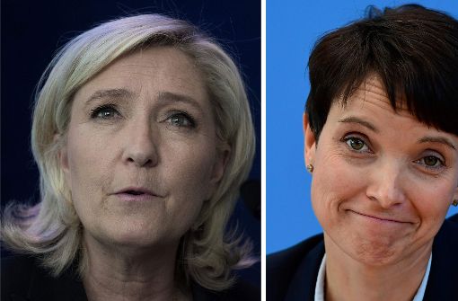 Treffen in Koblenz auf einer Veranstaltung europäischer Rechtspopulisten aufeinander: Die Präsidentschaftskandidatin der rechtsextremen französischen Partei Front National, Marine Le Pen (links), und AfD-Chefin Frauke Petry. Foto: AFP