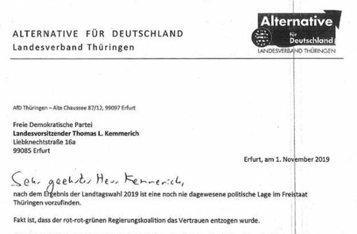Auszug aus dem Schreiben von AfD-Chef Björn Höcke  an Kemmerich Foto: /AfD-Landesverband Thüringen