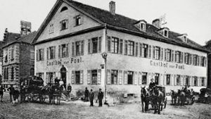 Die Bietigheimer „Krone“, auch Gasthof zur Post, weil darin von 1874 bis 1888 die Poststelle des Ortes  untergebracht war. Die Aufnahme stammt von 1899/1900. Foto: Stadtarchiv Bietigheim-Bissingen
