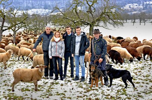 Paul Lemke (l.) sucht neue Weideflächen für seine Schafe. Das Foto zeigt ihn  mit seiner Familie und dem Schäfer Bernd Horrmann (r.) vor der Herde in Kayh. Foto: Stadt Herrenberg