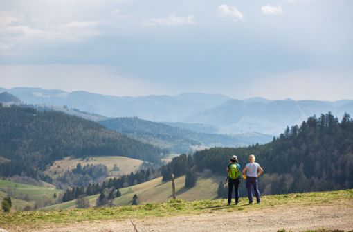 Zwei Frauen stehen nahe dem Nonnenmattweiher auf einem Parkplatz und blicken in die Schwarzwald-Landschaft. Kostet dieses Vergnügen künftig Geld? Foto: dpa/Philipp von Ditfurth