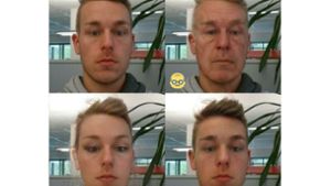 In wenigen Sekunden lädt Faceapp einen Filter über eine Aufnahme. So kann Mann sich auch als Frau zeigen lassen (links unten), virtuell altern (rechts oben) oder sich verjüngen (rechts unten). Foto: Johannßen/Faceapp