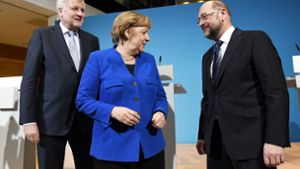 Die Verhandlungen gehen in die Schlussphase: die Parteivorsitzenden von CSU, CDU und SPD (von links). Foto: dpa