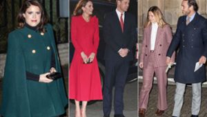 Herzogin Kate und Prinz William (Mitte) luden in die Westminster Abbey, es kamen unter anderem Prinzessin Eugenie (links) und Kates Bruder James Middleton mit seiner Frau Alizée. Foto: dpa/Stefan Rousseau