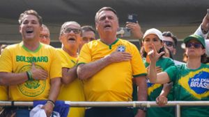 Brasiliens früherer Präsident Jair Bolsonaro (M) spricht bei einer Kundgebung in São Paulo zu seinen Anhängern. Foto: Andre Penner/AP/dpa