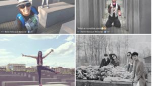 Jonglieren, posen oder einfach herumalbern – die Selfies der Touristen hat Shahak Shapira für sein Online-Projekt umgearbeitet. Aus fröhlichen Selfies entstehen so verstörende Bilder, wie das rechts unten. Foto: yolocaust.de/Shahak Shapira/ Screenshot