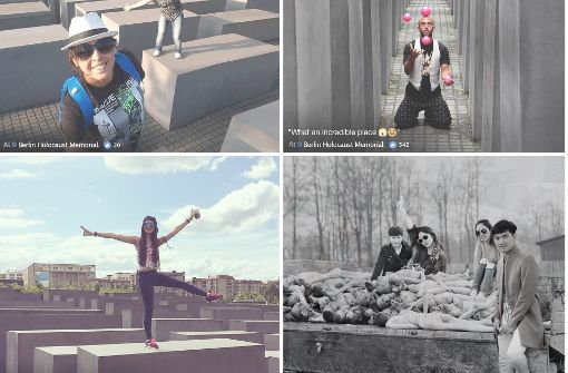 Jonglieren, posen oder einfach herumalbern – die Selfies der Touristen hat Shahak Shapira für sein Online-Projekt umgearbeitet. Aus fröhlichen Selfies entstehen so verstörende Bilder, wie das rechts unten. Foto: yolocaust.de/Shahak Shapira/ Screenshot