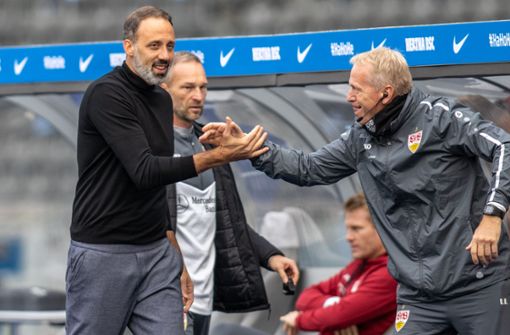 Trainer Pellegrino Matarazzo (l) von VfB Stuttgart klatscht sich nach der 1:0 Führung mit Athletiktrainer Oliver Bartlett ab. Foto: dpa