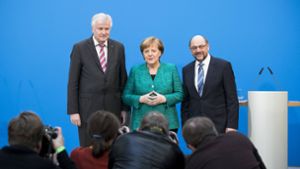 Groko-Chefunterhändler Seehofer, Merkel und Schulz (v.l). Foto: dpa