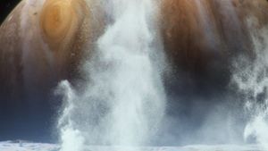 Künstlerische Darstellung der Wasserdampf-Geysire auf dem Jupitermond Europa. Foto: Goddard Space Flight Center/Nasa/David Ladd