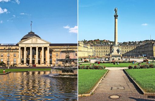 Postkartenidylle: das Kurhaus in Wiesbaden (links) und das Neue Schloss in Stuttgart. Doch abseits der Idylle haben beide Städte mit hoher Luftbelastung zu kämpfen. Foto: Mauritius