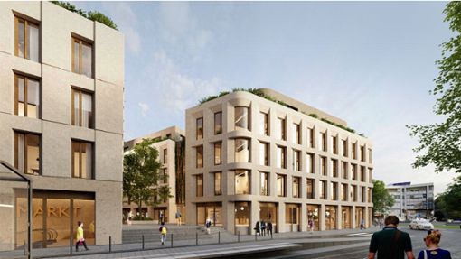 Die beiden neuen Gebäude mit dem Durchgang in der Mitte sollen sich in das Ensemble am Wilhelmsplatz integrieren. Foto: LBBW Immobilien/Baumschlager Eberle