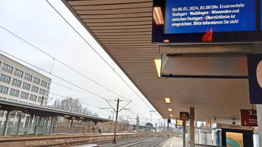 Der Fellbacher Bahnhof ist leer gefegt – „Bauarbeiten – kein Zugverkehr“ heißt es auf der Anzeigetafel. Foto: /Eva Schäfer