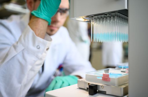 Ein Mann pipettiert in einem Labor des biopharmazeutischen Unternehmens Curevac eine blaue Flüssigkeit. Foto: picture alliance/dpa/Sebastian Gollnow