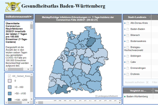 Der Gesundheitsatlas BW zeigt die aktuellen Werte. Foto: Landesgesundheitsamt Stuttgart (Screenshot vom 10.02.2021 um 08:53 Uhr)