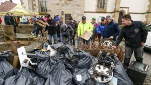 Vom Backofen bis zum Christbaum: Jede Menge Müll haben mehr als 100 Freiwillige am Samstag in Eltingen gesammelt. Foto: Simon Granville/Simon Granville