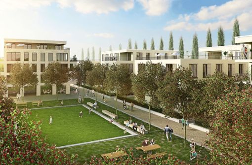 Die BPD Immobilienentwicklung wirbt mit viel Grün und einem Quartiersplatz in der Mitte des neuen Wohngebiets. Foto: Ackermann + Raff