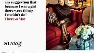 Das Objekt der öffentlichen Begierde: Theresa Mays dunkelbraue Lederhose, die sie am 27. November 2016 bei einem Fotoshooting in ihrem Privathaus trug. Foto: Twitter-Srceenshot Sunday Times Magazine/ @TheStMagazine