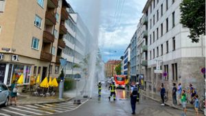 Eine meterhohe Wasserfontäne schoss am Mittwoch an der  Breitscheidstraße aus dem Boden. Foto: Facebook/Polizei Stuttgart