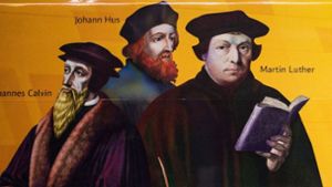 Väter der Reformation: Johannes Calvin, Johannes Hus und  Martin Luther. Foto: d/a