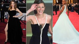Drei unvergessliche Oscar-Looks (von links): Angelina Jolie in Versace, Julia Roberts in Valentino und Lupita Nyong’o in Prada. Foto: dpa/AP