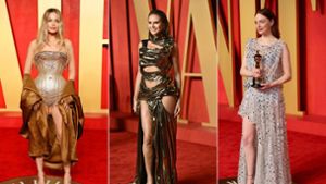 Metallic war auch bei der After-Show-Party der Trend (von links): Margot Robbie, Heidi Klum und Emma Stone. Foto: AFP/Michael Tran