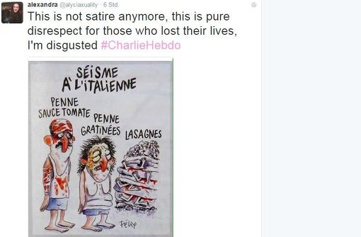 In den sozialen Medien hat sich die Karikatur des Satiremagazins „Charlie Hebdo“ schnell verbreitet. Foto: Twitter/@alyciaxuality