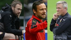 Andreas Hinkel, Heiko Gerber und Olaf Janßen (von links) übernehmen übergangsweise den Trainerjob beim VfB Stuttgart. Foto: Pressefoto Baumann