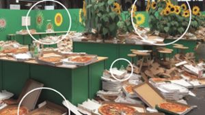 Pizzaschachteln in Trapezform, Sonnenblumen ohne Tiefe, eine merkwürdige Wasserflasche, falsche Logos – laut Experten deutet viel an dem Bild auf eine KI-Fälschung hin. Foto: X/Grafik: Locke
