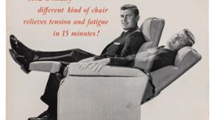 Zur Entspannung gedacht – in nur fünfzehn Minuten soll dieser Sessel für Entspannung sorgen, die ein Prospekt von Barcalo, etwa aus dem Jahr 1966, für Anton Lorenz’ Erfindung wirbt. Genutzt wurde er dann auch gern zum Entspannen auf dem Fernseher. Foto: ©Vitra Design Museum, Nachlass Anton Lorenz