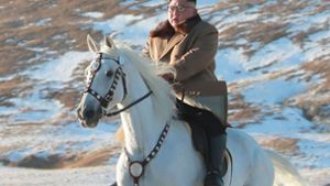Dick vermummt in einen beige-braunen Winterpelz kommt Nordkoreas Machthaber Kim Jon Un bei seinem Ausritt auf einem weißen Ross am Fuße von Nordkoreas heiligen Berg Paektu ganz schön ins Schwitzen. Foto: STR/KCNA VIA KNS/AFP