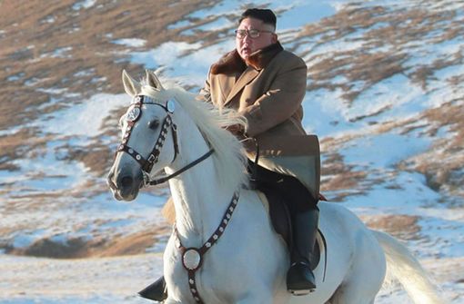 Dick vermummt in einen beige-braunen Winterpelz kommt Nordkoreas Machthaber Kim Jon Un bei seinem Ausritt auf einem weißen Ross am Fuße von Nordkoreas heiligen Berg Paektu ganz schön ins Schwitzen. Foto: STR/KCNA VIA KNS/AFP