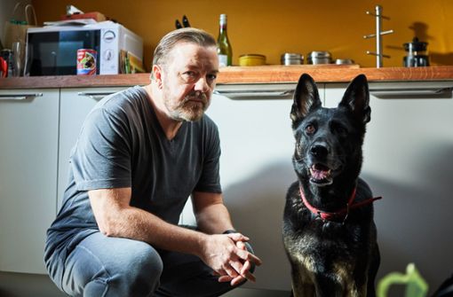 Tony (Ricky Gervais) will nicht mehr leben, muss aber weiter seinen Hund versorgen. Foto: Netflix